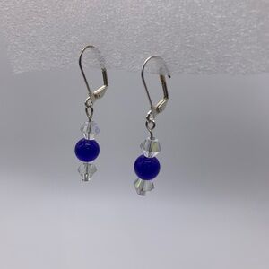 Deep Blue Glass & Iridescent Clear Faced Diamond Beaded Dangle Pierced Earrings